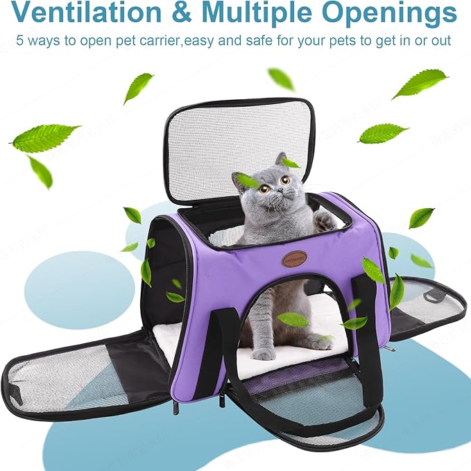 Cat Carrier Dog Carrier Pet Carriers for Medium Small Cats Dogs Puppies up to 15 Lbs,TSA Airline Approved Small Dog Cat Carriers Soft Sided,Collapsible Travel Puppy Carrier (Purple, Large)