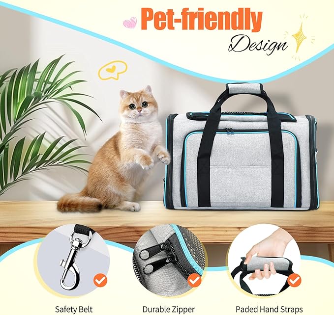 Pet Carrier Airline Approved, Expandable Foldable Soft-Sided Dog Carrier, 3 Open Doors, 2 Reflective Tapes, Pet Travel Bag Safe and Easy for Cats and Dogs
