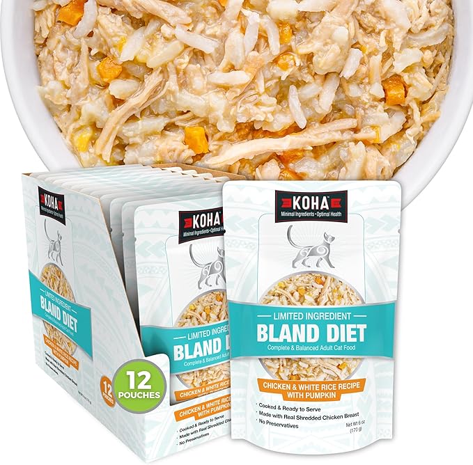 KOHA Pet Limited Ingredient Bland Diet for Cats, Chicken and White Rice Recipe Sensitive Stomach Wet Cat Food, Gentle Formula Easy to Digest Bland Diet Cat Food, 6 oz Pack of 12