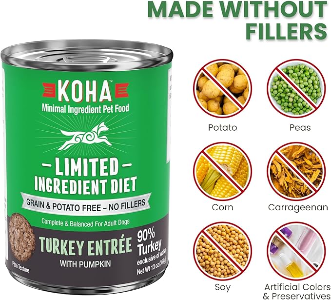KOHA Limited Ingredient Diet Turkey Entrée for Dogs - Grain Free Wet Dog Food with No Fillers - Sensitive Stomach Canned Dog Food - 13 oz Pack of 12