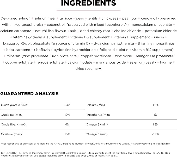 Go! Solutions Sensitivities Limited Ingredients, Grain-Free Dry Dog Food, Small Bites Salmon Recipe for Sensitive Stomach, 6 lb Bag