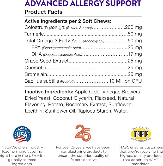 NaturVet Evolutions Advanced Allergy Support 180ct Soft Chews for Dogs - Omega-3, Anchovy Oil, Colostrum, Turmeric, Quercetin, Probiotic - Help Maintain Normal Histamine Levels