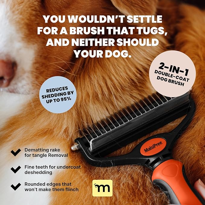 MalsiPree Dog Brush for Shedding - 2 in 1 Undercoat Rake Deshedding Tool for Medium to Large Double-Coated Dog Grooming - Pet Dematting Comb - Pet Deshedder (Orange) - Deshedding Brush