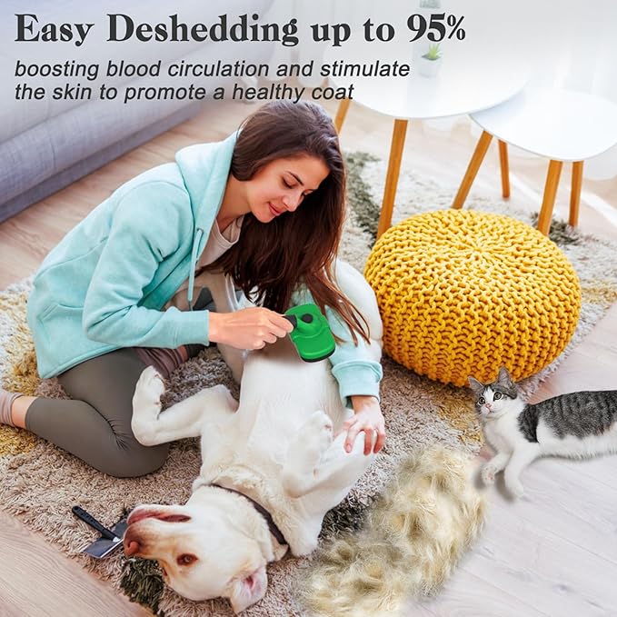 Self Cleaning Deshedding Brush for Dogs & Cats - Skin Friendly Grooming Tool with Hair Removal for Haired Pets, Green