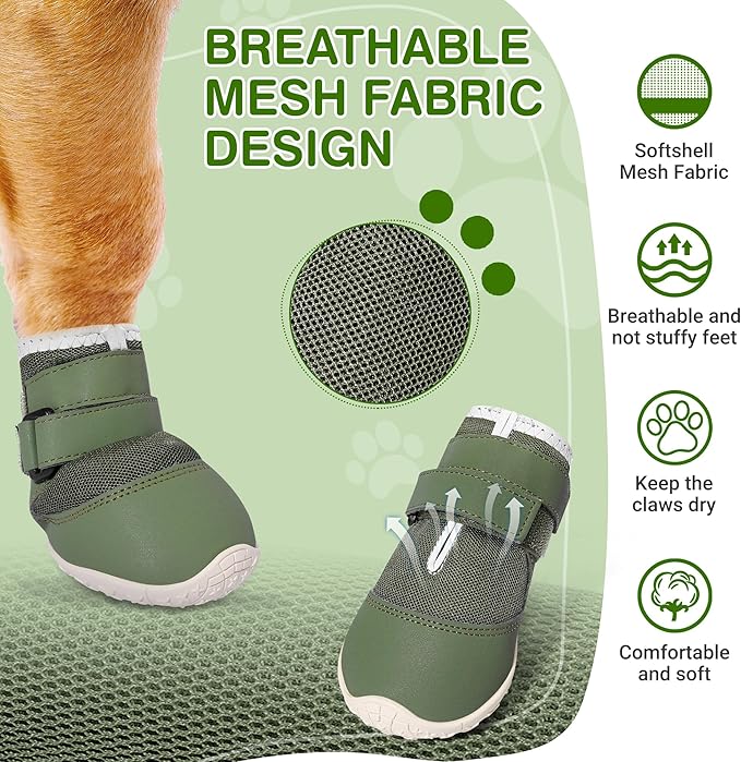 DcOaGt Dog Shoes Mesh Breathable Dog Booties for Hot Pavement Summer with Anti-Slip Sole,Dog Boots Paw Protectors for Small Medium Puppy for Winter Snow Rain Hiking,Military Green 4PCS(Size 2)