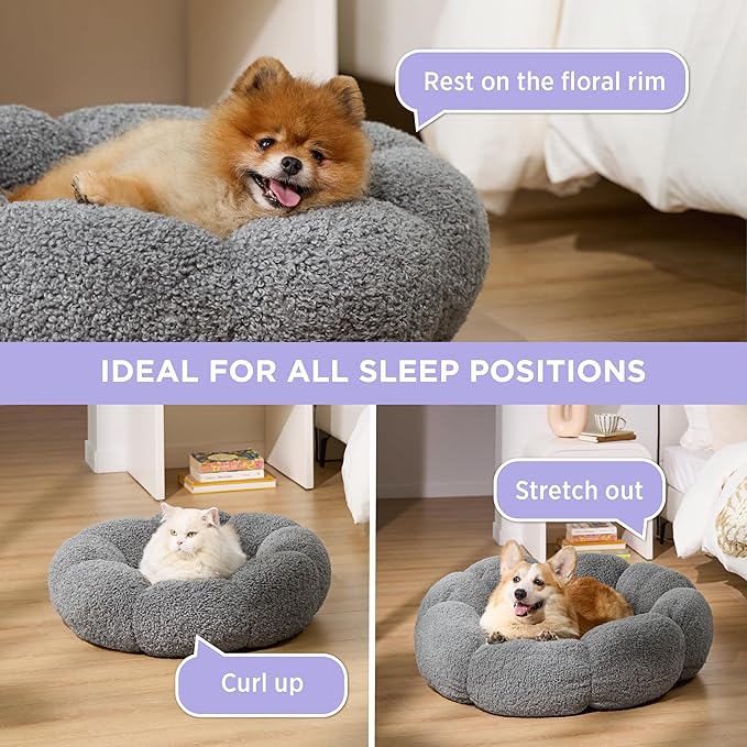 Lesure Calming Cat Beds for Indoor Cats - Cute Flower Pet Beds in Teddy Sherpa Plush, Donut Round Fluffy Puppy Bed, Non-Slip Extra Small Dog Bed Fits up to 15 lbs, Machine Washable, Grey 20"
