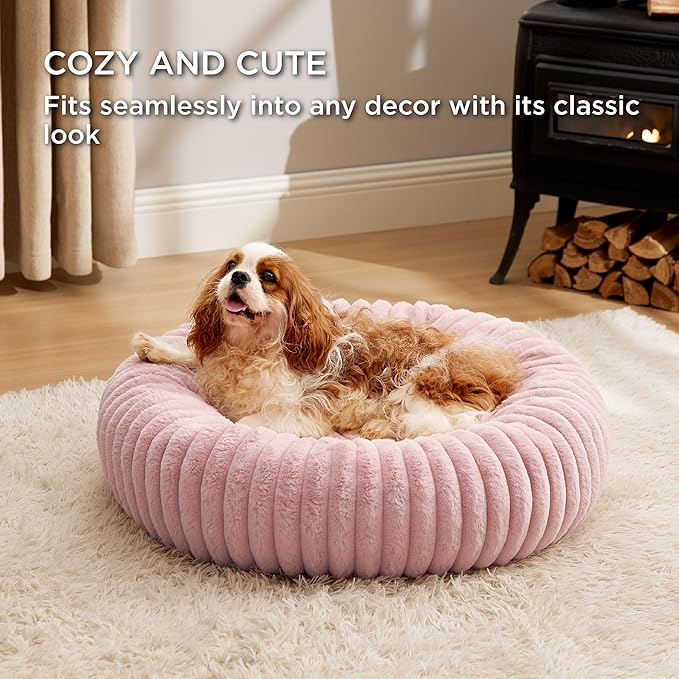 Bedsure Donut Medium Dog Bed - Washable Faux Fur Dog Bed Medium Size Dog with Corduroy Fleece & Anti Slip Bottom, Round Pet Beds with Removable Cover, Blush Pink, 30x30x8 inches
