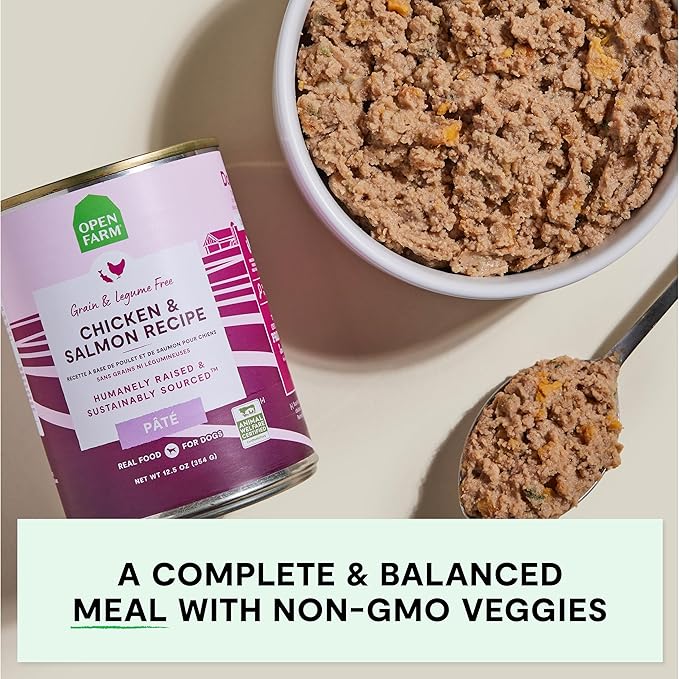 Open Farm Canned Dog Food, Paté for Complete & Balanced Nutrition, Grain-Free and Legume-Free, Chicken & Salmon Recipe, 12.5oz Cans (Pack of 12)