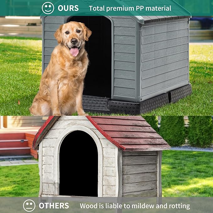 YITAHOME Large Plastic Dog House Outdoor Indoor Doghouse Puppy Shelter Water Resistant Easy Assembly Sturdy Dog Kennel with Air Vents and Elevated Floor