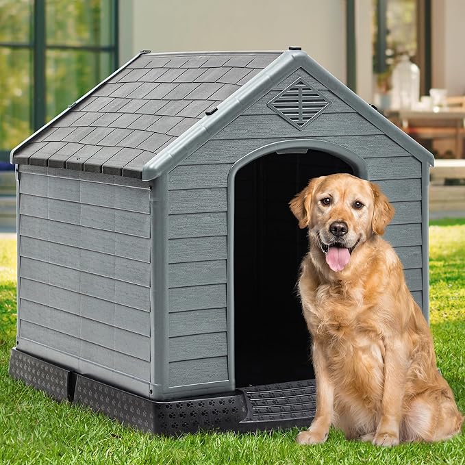 YITAHOME Large Plastic Dog House Outdoor Indoor Doghouse Puppy Shelter Water Resistant Easy Assembly Sturdy Dog Kennel with Air Vents and Elevated Floor