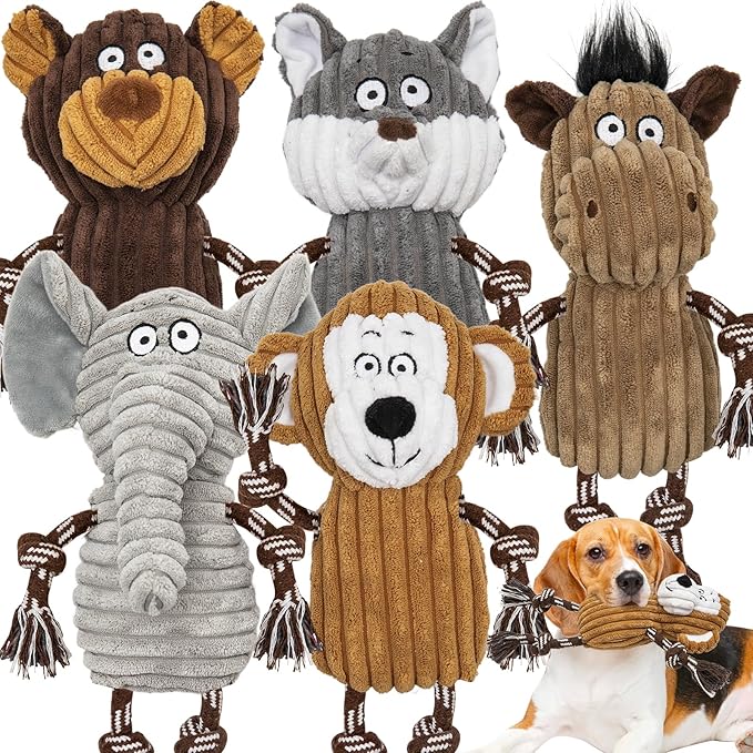5 Pack Large Dog Squeaky Toys,Tough Stuffed Plush Dog chew Toys Assortment,Durable Plush Animal Dog Toys with Tug of War Rope to Keep Them Busy, Puppy Toys Value Bundle for Small Medium Large Dogs