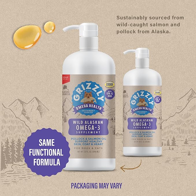 Grizzly Pet Products Omega Health Liquid Omega-3 Supplement for Dogs and Cats, 32 Ounce Bottle