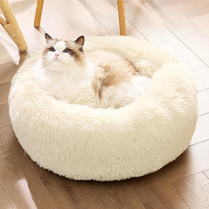 Bedsure Calming Cat Beds for Indoor Cats - Small Cat Bed Washable 20 inches, Anti-Slip Round Fluffy Plush Faux Fur Pet Bed, Fits up to 15 lbs Pets, Cream