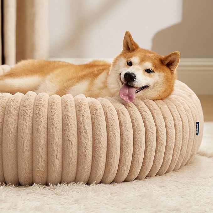 Bedsure Donut Large Dog Bed - Washable Faux Fur Dog Beds Large Sized Dog with Corduroy Fleece & Anti Slip Bottom, Round Pet Beds with Removable Cover, Sandy Tan, 36x36x10 inches