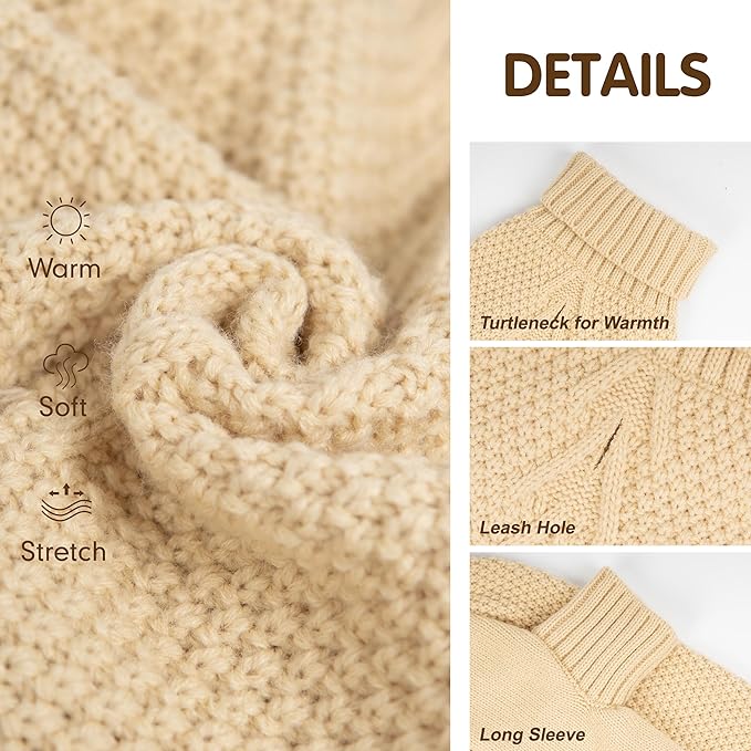 cyeollo Dog Sweater Turtleneck Knitted Sweaters with Leash Hole Winter Dog Clothes Sweaters for Small Dogs Beige