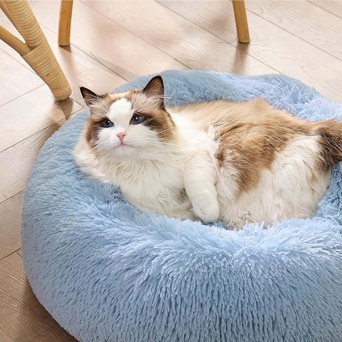 Bedsure Calming Cat Beds for Indoor Cats - Small Washable Round Cat Bed, Anti-Slip Fluffy Plush Faux Fur Pet Bed, Fits up to 15 lbs Pets,Light Blue, 20 inches