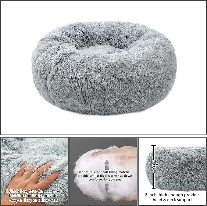Calming Donut Dog Bed Small, Plush Round Cuddler Dog & Cat Bed, Anit-Anxiety Marshmellow Fluffy Faux Fur Cushion(20", Grey)