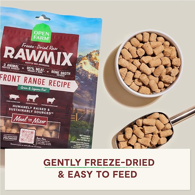 Open Farm, RawMix Freeze Dried Raw Morsels, Dog Food Topper & Meal Mixer, High Protein & Bone Broth Infused with 95% Real Meat, Organs & Bones, Front Range Recipe with Beef, Pork & Lamb, 13.5oz Bag