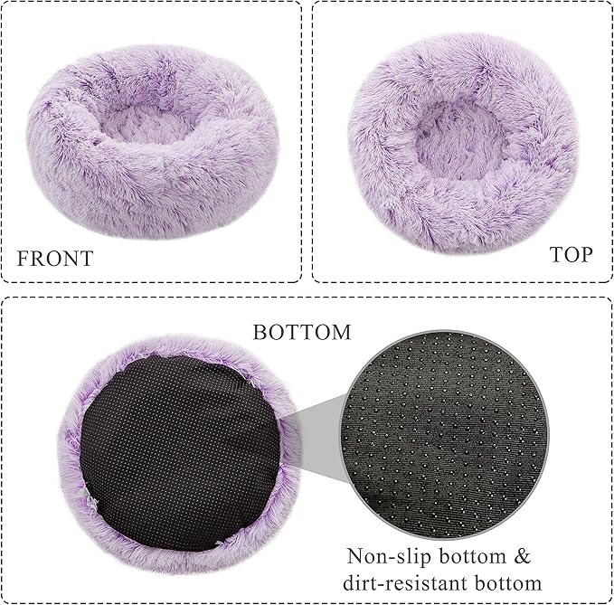 Calming Donut Dog Bed Medium, Plush Round Cuddler Dog & Cat Bed, Anit-Anxiety Marshmellow Fluffy Faux Fur Cushion(24", Purple)