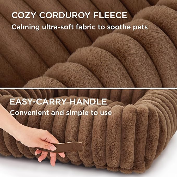 Bedsure Cute Dog Bed for Large Dogs - Washable Furry Puppy Beds, Rectangle Orthopedic Corduroy Fleece Pet Beds with Removable Zipper Cover, 36x27x8inches, Copper Brown