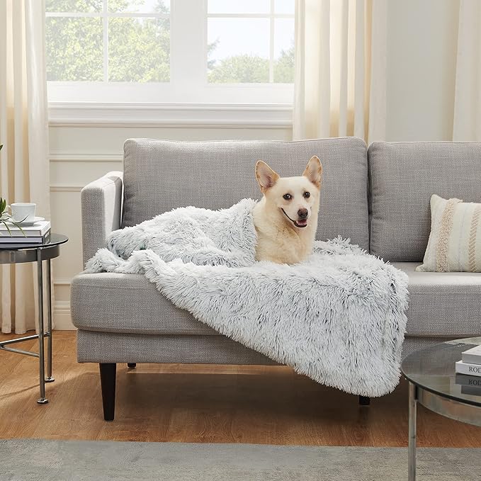 Best Friends by Sheri Bundle Set The Original Calming Shag Donut Cuddler Cat and Dog Bed + Pet Throw Blanket Frost Large 36" x 36"