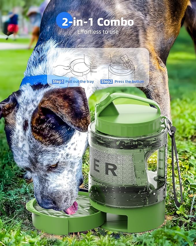 lesotc Dog Travel Water Bottle Portable with Pull-Out Drinking Bowl, 77oz Large Travel Water Bowl Dispenser for Dogs Camping Essentials Hiking Beach Road Trip Park Walking On The Go Must Haves, Green