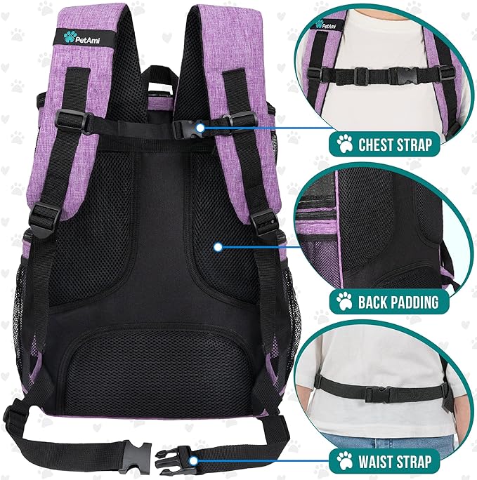 PetAmi Dog Backpack Carrier, Airline Approved Cat Backpacks for Carrying Small Large Cats, Pet Carrier Back Pack, Ventilated Soft Sided for Travel, Hiking, Camping, Max 18 lbs, Purple