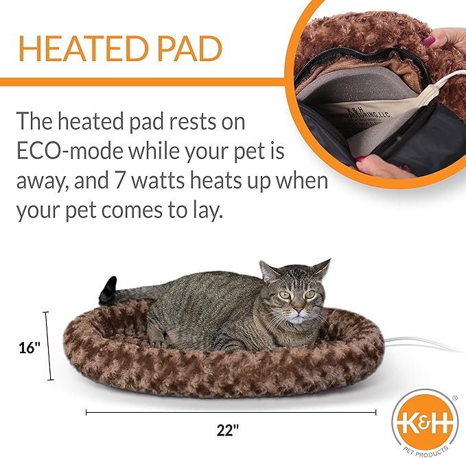 K&H Pet Products Heated Thermo-Kitty Fashion Splash Indoor Cat Bed, Orthopedic Foam Base Heated Bed for Large Cats with Removable Waterproof Heater, Mocha Large 16 X 22 Inches