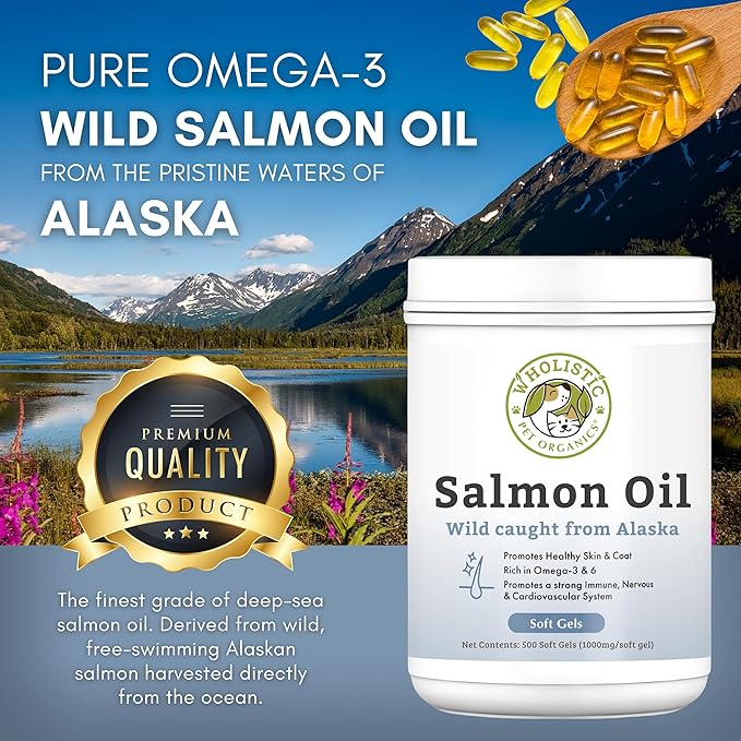 Wholistic Pet Organics Wild Alaskan Salmon Oil for Dogs - 500 Soft Gels - Rich Omega 3 Fish Oil with EPA & DHA for Skin, Coat, Joint, and Heart Health - Choice for Dog Skin & Coat Care