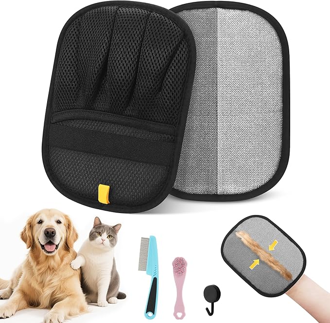 Electrostatic Pet Hair Remover Glove, Reusable Pet Hair Removal Glove for Dog & Cat Grooming, Double Sided Static Pet Hair Fur Remover Tool Mitt Gloves, Pet Hair Cleaning Glove for Dogs & Cats (2PCS)