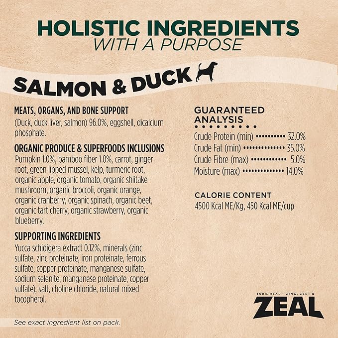 ZEAL Canada Air-Dried Salmon & Duck Recipe for Dogs - Superfood Omega-3 Rich, Dual-Protein, Grain Free, No Fillers, Complete Nutrition (Salmon & Duck, 2.2 lb)