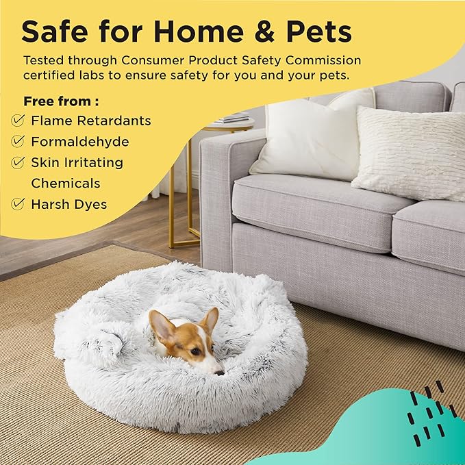 Best Friends by Sheri Bundle Set The Original Calming Shag Donut Cuddler Cat and Dog Bed + Pet Throw Blanket Frost Small 23" x 23"