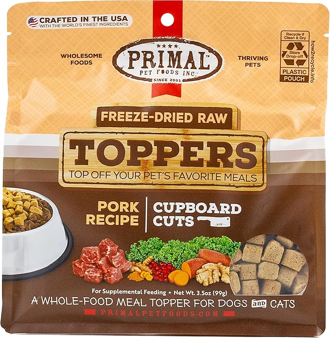 Primal Dog Food Toppers & Cat Food Toppers, Cupboard Cuts, Grain Free Meal Mixers with Probiotics, Raw Freeze Dried Dog Treats & Cat Treats, Great for Training (Pork, 3.5 oz)