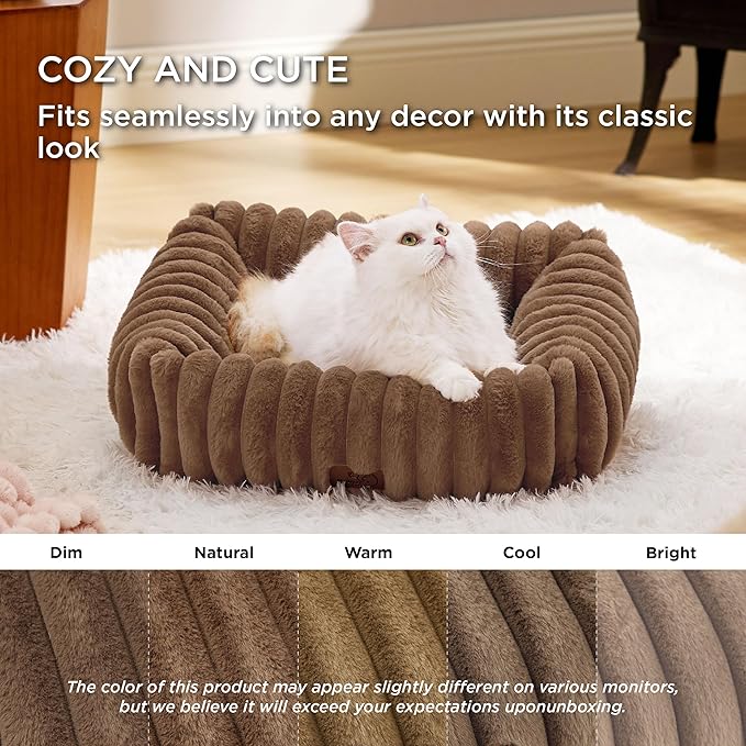 Bedsure Cute Dog Bed for Small Dogs & Cats - Washable Furry Puppy Beds, Rectangle Orthopedic Corduroy Fleece Pet Beds with Removable Zipper Cover, 20x19x6inches, Copper Brown