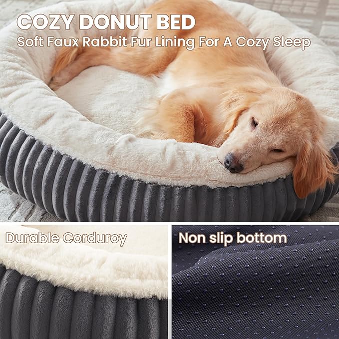36 inches Donut Dog Bed for Large Dogs - Calming Round Pet Bed with Removable Cover,Washable Milk Plush Faux Fur, Fits Pets up to 80 lbs(Dark Grey,Large)