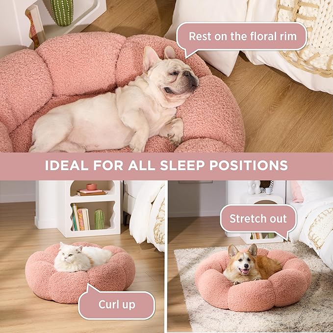 Lesure Calming Cat Beds for Indoor Cats - Cute Flower Pet Beds in Teddy Sherpa Plush, Donut Round Fluffy Puppy Bed, Non-Slip Extra Small Dog Bed Fits up to 15 lbs, Machine Washable, Pink 20"