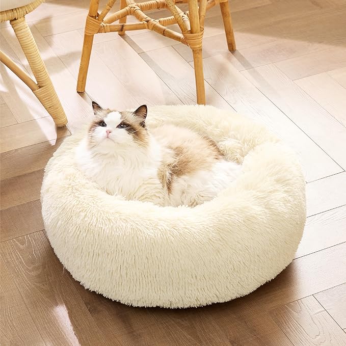 Bedsure Calming Cat Beds for Indoor Cats - Small Cat Bed Washable 20 inches, Anti-Slip Round Fluffy Plush Faux Fur Pet Bed, Fits up to 15 lbs Pets, Cream