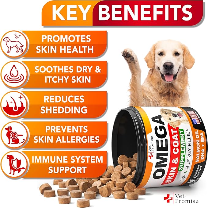 Omega 3 for Dogs - Skin and Coat Supplement - Fish Oil for Dogs Chews - Allergy and Itch Relief - Anti Shedding Supplement - Dry Skin Treatment - Salmon Oil - Made in USA - 120 Soft Treats