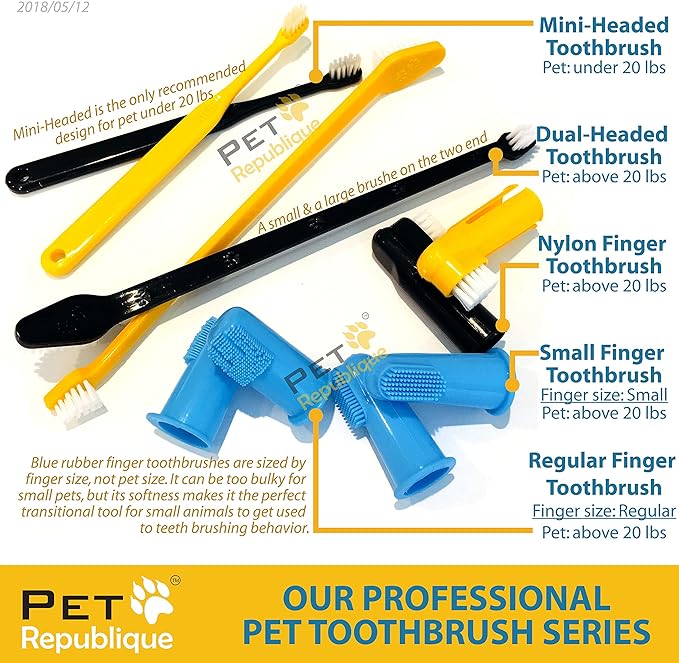Pet Republique Dog Toothbrush Set of 3 – Dual Headed Dental Hygiene Brushes for Small to Large Dogs, Cats
