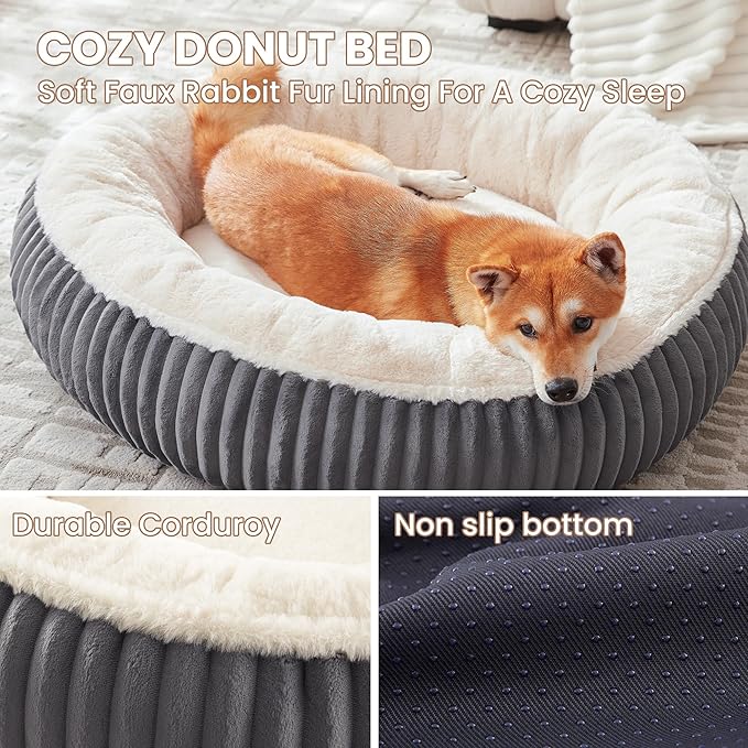 33 inches Donut Dog Bed for Medium Large Dogs,Calming Round Pet Bed with Removable Cover,Washable Milk Plush Faux Fur, Fits up to 50 lbs Pets(Dark Grey,M Plus)