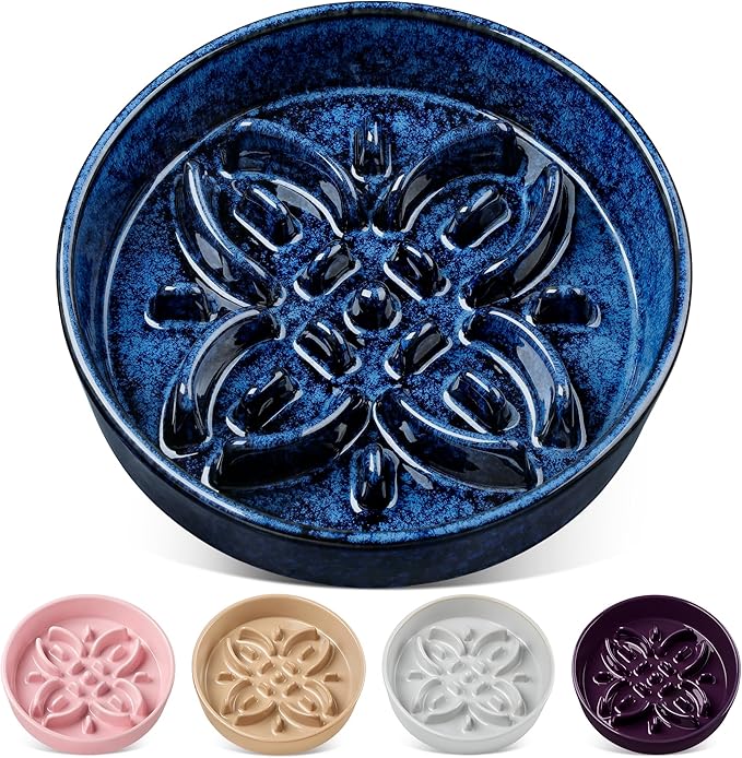 vancasso Ceramic Slow Feeder Dog Bowls, Puzzle Dog Food Bowls with Floral Maze, Anti -Slip Pet Food Dish for Large Breed, 3 Cups, Blue