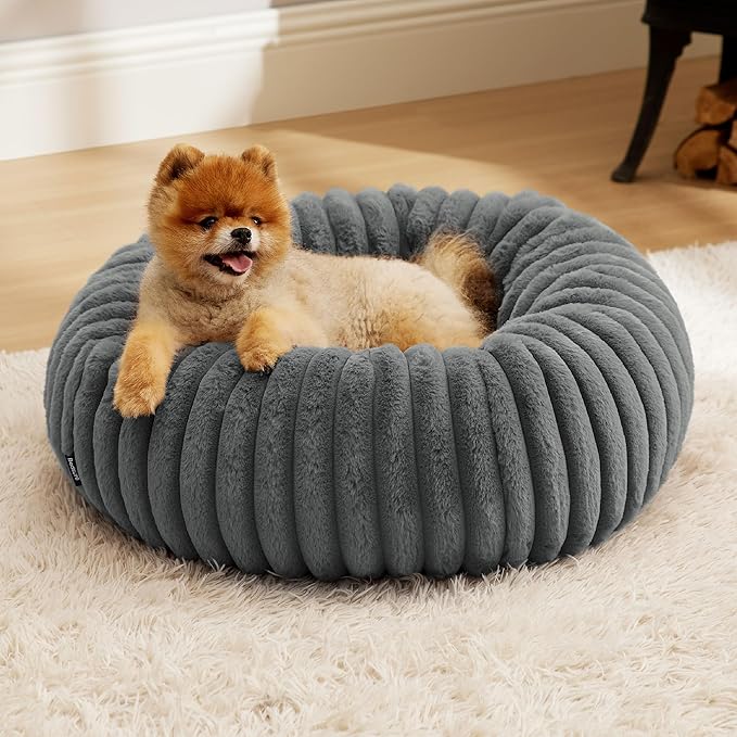 Bedsure Donut Small Dog Bed - Dog Beds for Small Dogs with Corduroy Fleece & Anti Slip Bottom, Round Faux Fur Pet Beds with Washable Removable Cover, Warm Grey, 23x23x8 inches