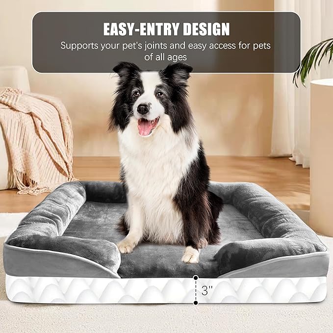 Orthopedic Dog Bed with Sides - Dog Sofa Beds for Large Dogs, Supportive Foam Pet Couch Bed with Washable Removable Cover, Waterproof Lining and Non-Slip Bottom, Grey - L-Plus