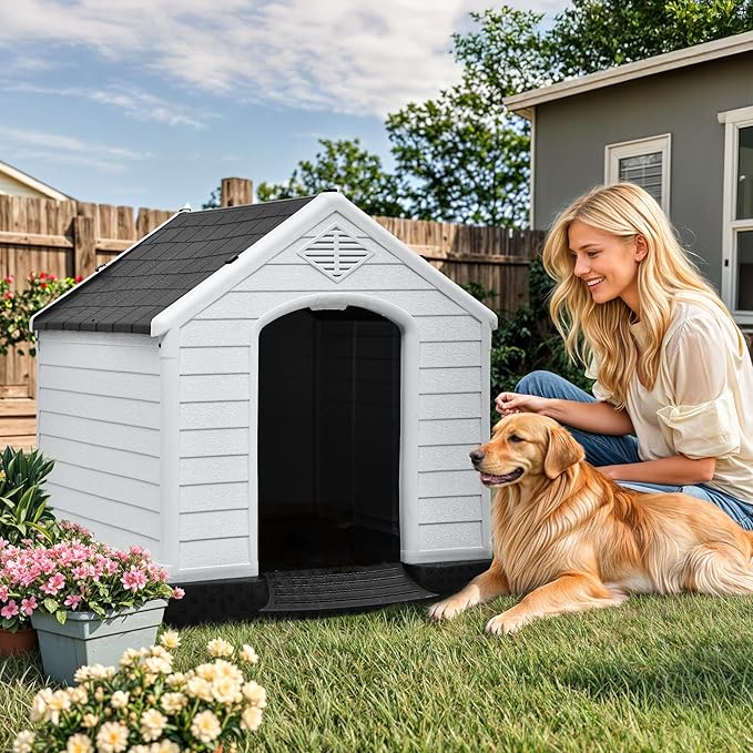 YITAHOME Large Plastic Dog House Outdoor Indoor Doghouse Puppy Shelter Water Resistant Easy Assembly Sturdy Dog Kennel with Air Vents and Elevated Floor