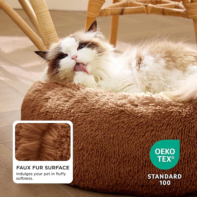 Bedsure Calming Cat Beds for Indoor Cats - Small Cat Bed Washable 20 inches, Anti-Slip Round Fluffy Plush Faux Fur Pet Bed, Fits up to 15 lbs Pets, Caramel