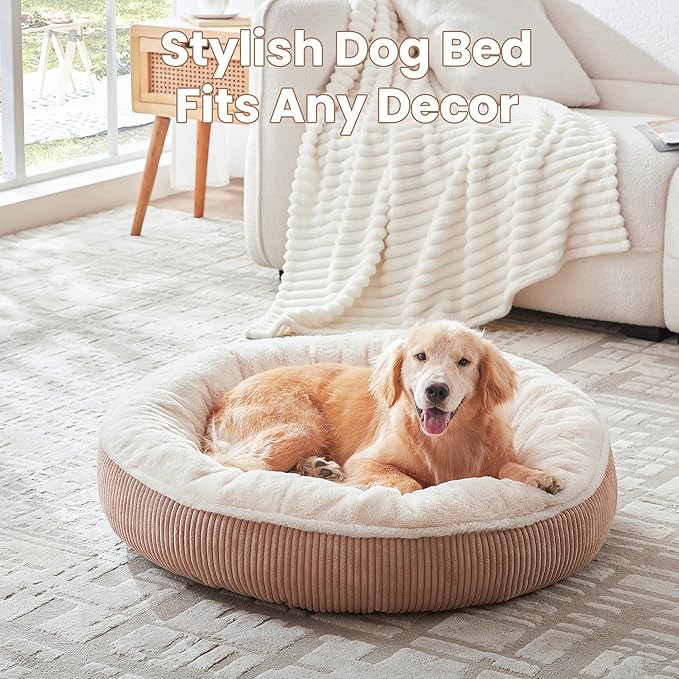36 inches Donut Dog Bed for Large Dogs - Calming Round Pet Bed with Removable&Washable Cover, Plush Faux Fur & Corduroy, Fits Pets up to 80 lbs(Brown,Large)