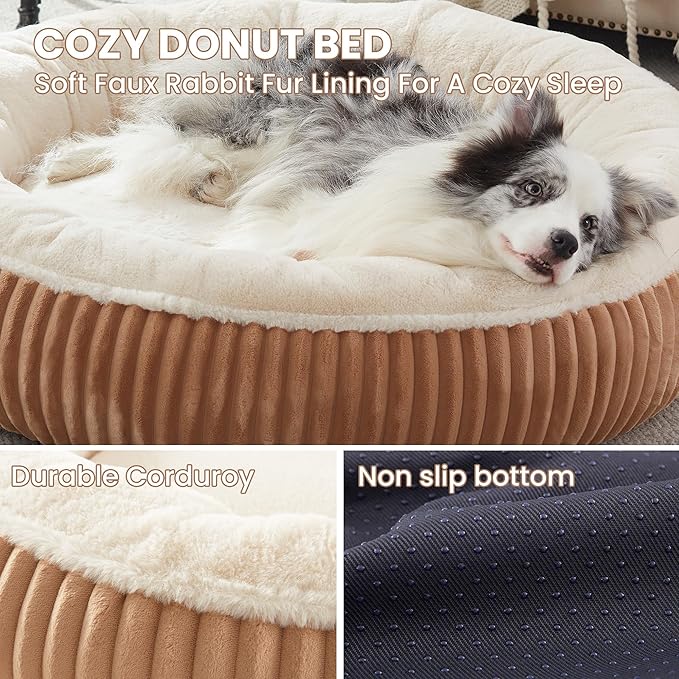 45 inches Donut Dog Bed for Extra Large Dogs,Calming Round Jumbo Pet Bed with Removable Cover, Washable Milk Plush Faux Fur, Fits Pets up to 100 lbs(Brown,XL)