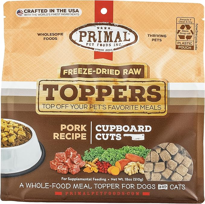 Primal Dog Food Toppers & Cat Food Toppers, Cupboard Cuts, Grain Free Meal Mixers with Probiotics, Raw Freeze Dried Dog Treats & Cat Treats, Great for Training (Pork, 18 oz)