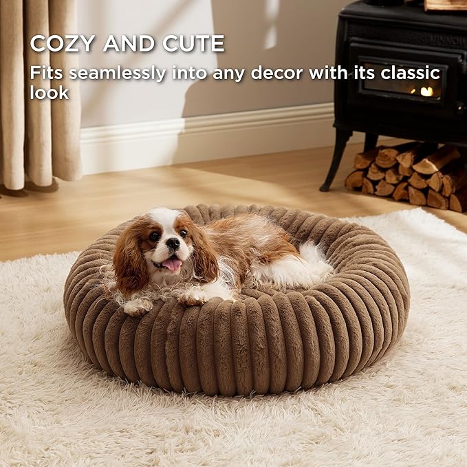 Bedsure Donut Medium Dog Bed - Washable Faux Fur Dog Bed Medium Size Dog with Corduroy Fleece & Anti Slip Bottom, Round Pet Beds with Removable Cover, Copper Brown, 30x30x8 inches
