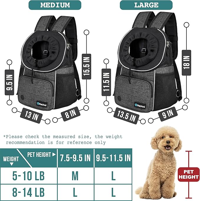 PetAmi Adjustable Dog & Cat Chest Carrier Backpack, Ventilated for Hiking & Camping, Small to Large Pets, Max 10 lbs, Dark Gray